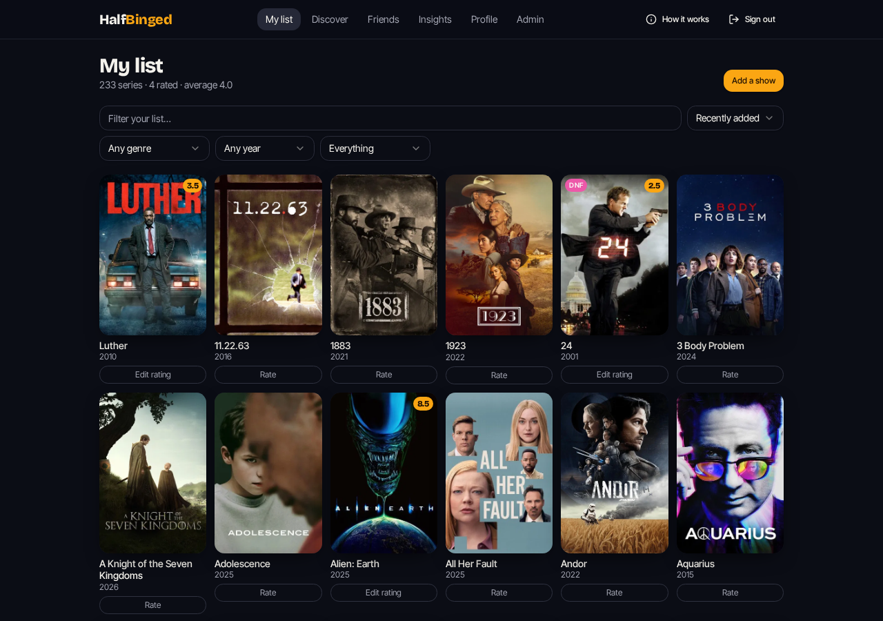 My list page showing TV series posters with personal ratings